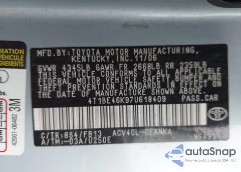 2007 Toyota Camry Le z USA, uszkodzony, nr VIN 4T1BE46K97U618409